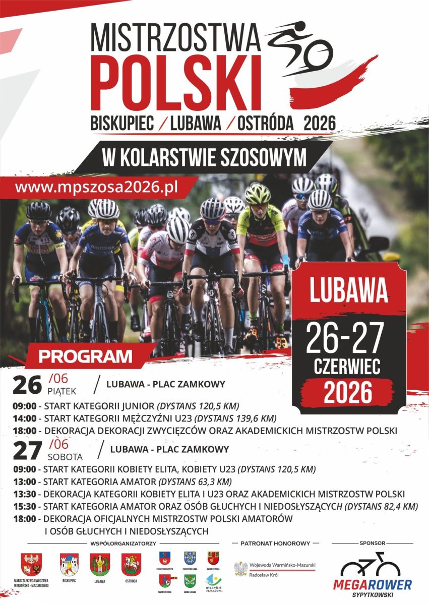 Plakat zapraszający w dniach 25-28 czerwca 2026 r. do Lubawy na Mistrzostwa Polski w kolarstwie szosowym amatorów Lubawa 2026. 