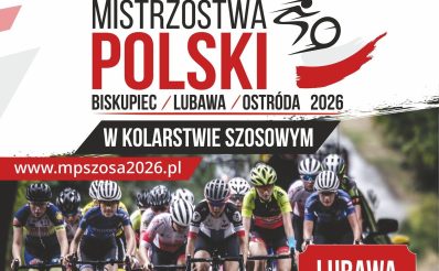 Plakat zapraszający w dniach 25-28 czerwca 2026 r. do Lubawy na Mistrzostwa Polski w kolarstwie szosowym amatorów Lubawa 2026. 