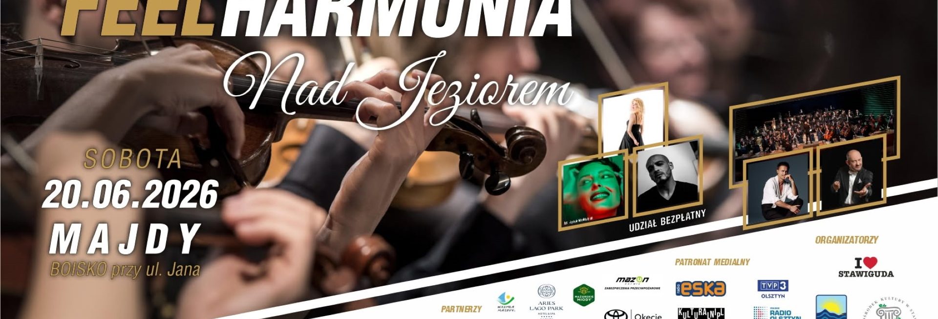 Plakat zapraszający w sobotę 20 czerwca 2026 r. do miejscowości Majdy nad jeziorem Wulpińskim w gminie Stawiguda na koncert FEELHARMONIA Nad Jeziorem Majdy 2026.