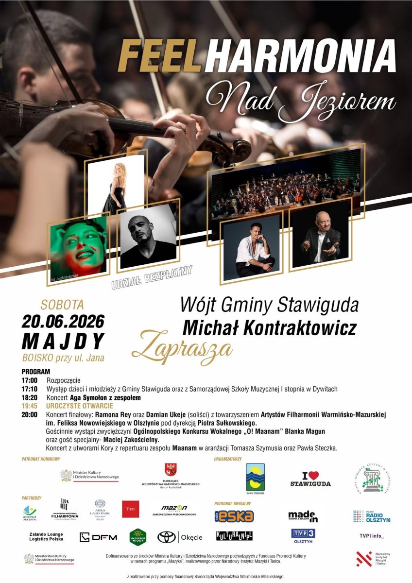 Plakat zapraszający w sobotę 20 czerwca 2026 r. do miejscowości Majdy nad jeziorem Wulpińskim w gminie Stawiguda na koncert FEELHARMONIA Nad Jeziorem Majdy 2026.