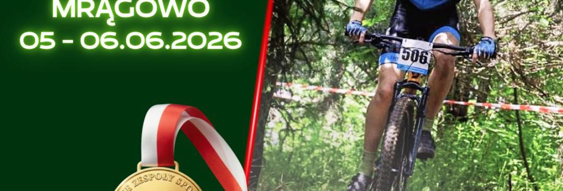 Plakat zapraszający w dniach 5-6 czerwca 2026 r. do Mrągowa na Mistrzostwa Polski KZ LZS w Kolarstwie Górskim Mrągowo 2026.
