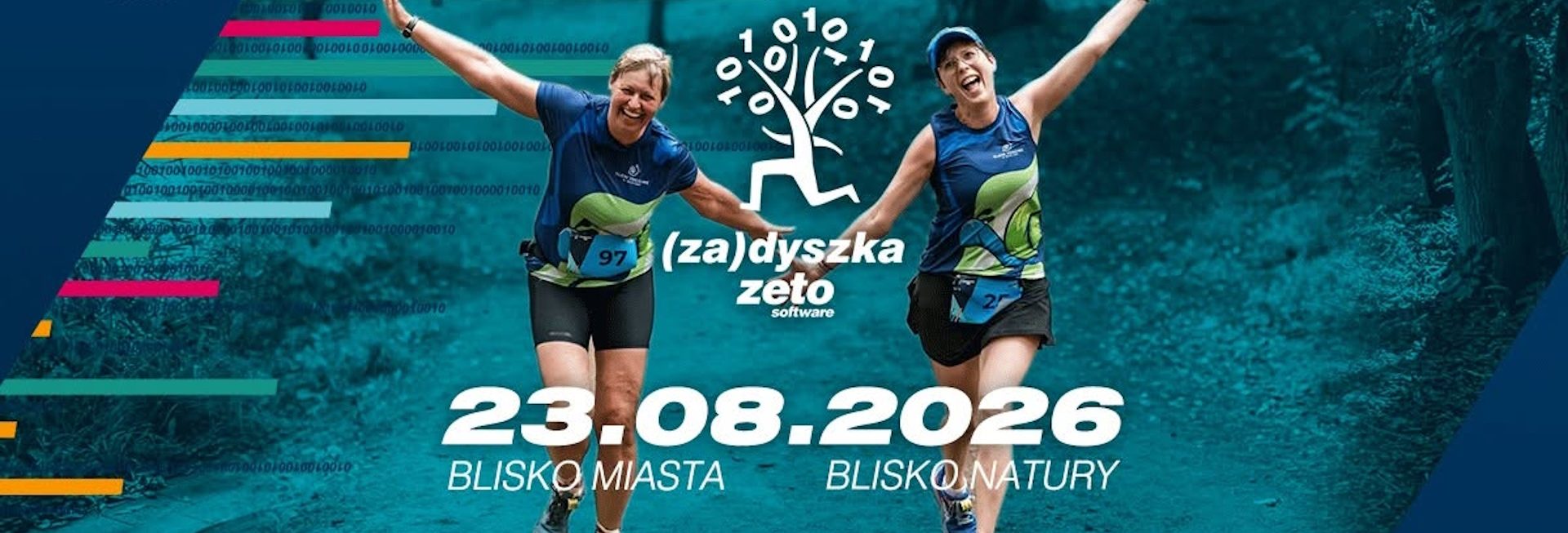 Plakat zapraszający w niedzielę 23 sierpnia 2026 r. do Olsztyna na kolejną edycję biegów (za)Dyszka ZETO Software Olsztyn 2026. 