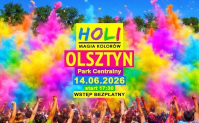 Plakat zapraszający w niedzielę 14 czerwca 2026 r. do Olsztyna na Holi Magię Kolorów Olsztyn 2026.  