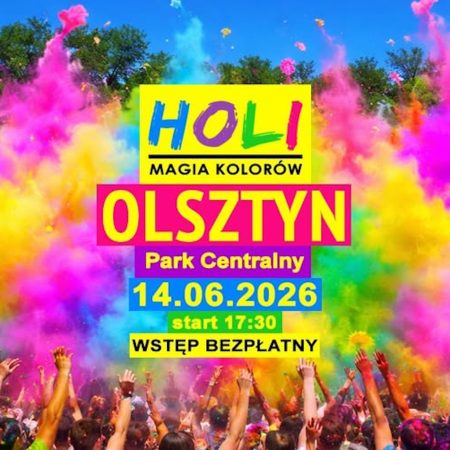 Plakat zapraszający w niedzielę 14 czerwca 2026 r. do Olsztyna na Holi Magię Kolorów Olsztyn 2026.