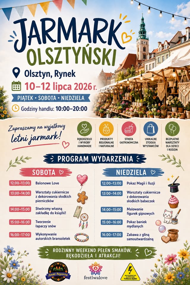 Plakat zapraszający w dniach 10-12 lipca 2026 r. do Olsztyna na Jarmark Olsztyński - Festiwal Smaku i Tradycji Olsztyn 2026. 