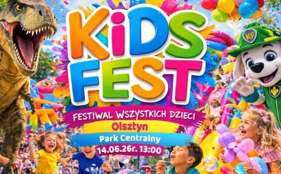Plakat zapraszający w niedzielę 14 czerwca 2026 r. do Olsztyna na Kids Fest – Festiwal Wszystkich Dzieci Olsztyn 2026.