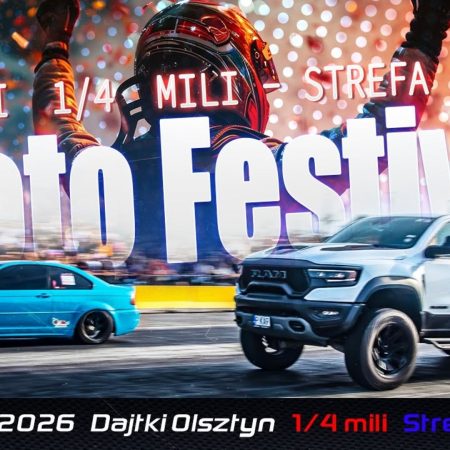 Plakat zapraszający w dniach 20-21 czerwca 2026 r. na Lotnisko w Dajtkach na kolejną edycję Moto Festivalu – Wyścig na 1/4 mili – Moto Festival Lotnisko Dajtki Olsztyn 2026.
