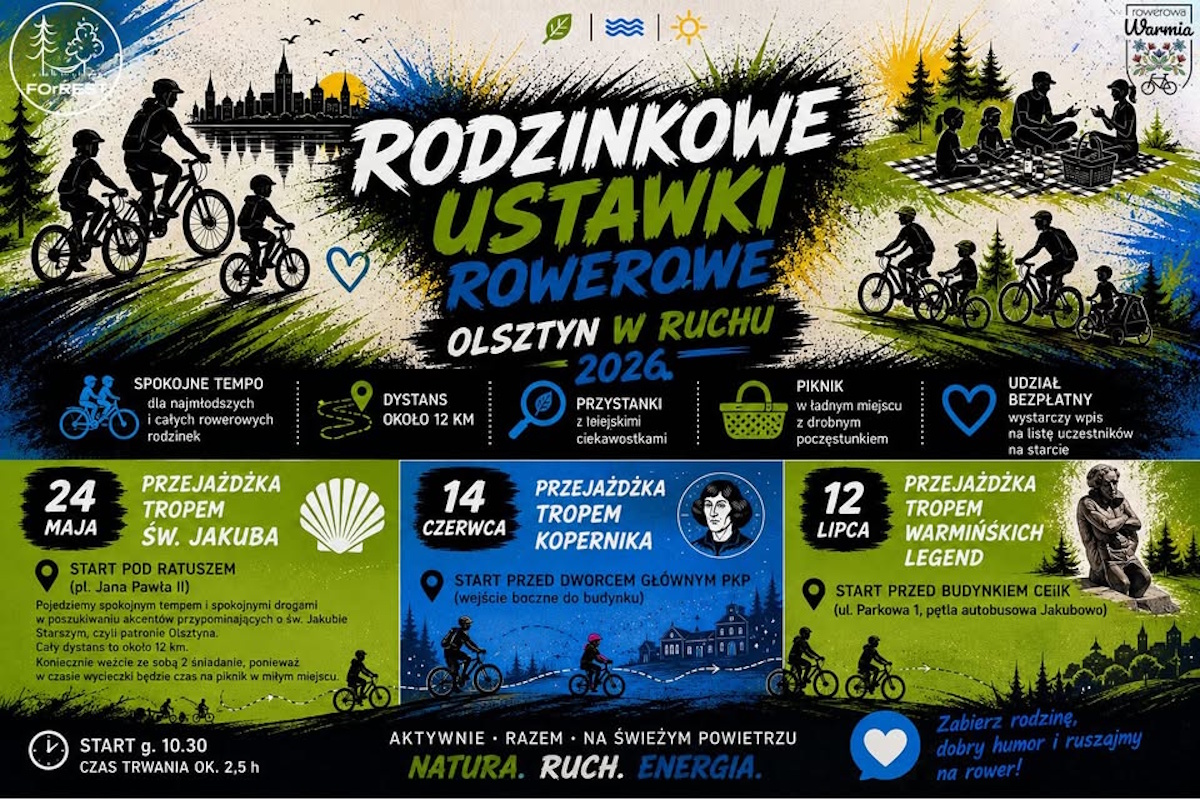 Plakat zapraszający w niedzielę 12 lipca 2026 r. do Olsztyna na Rodzinkowe Ustawki Rowerowe - „Olsztyn w Ruchu 2026” Olsztyn 2026. 