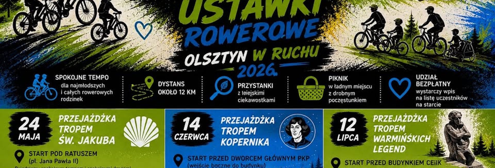 Plakat zapraszający w niedzielę 12 lipca 2026 r. do Olsztyna na Rodzinkowe Ustawki Rowerowe - „Olsztyn w Ruchu 2026” Olsztyn 2026. 