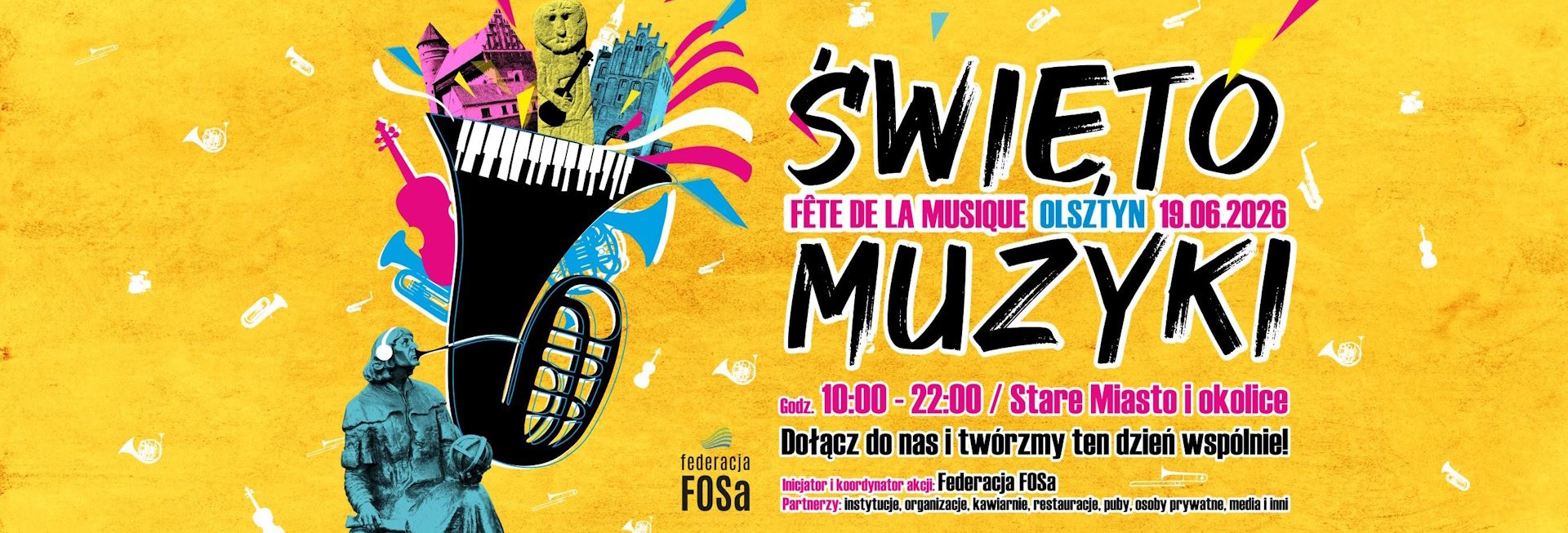 Plakat zapraszający w piątek 19 czerwca 2026 r. do Olsztyna na Święto Muzyki - Fête de la musique Olsztyn 2026.