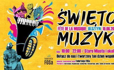 Plakat zapraszający w piątek 19 czerwca 2026 r. do Olsztyna na Święto Muzyki - Fête de la musique Olsztyn 2026.