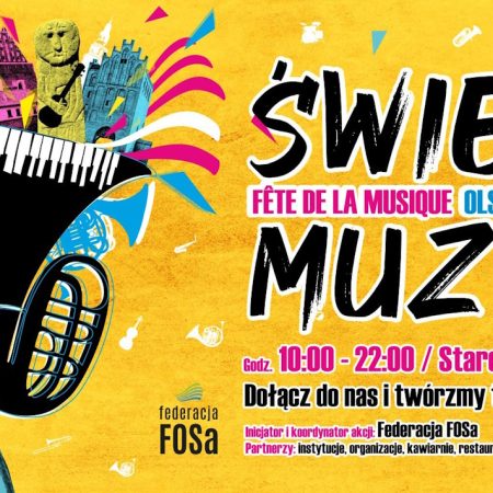 Plakat zapraszający w piątek 19 czerwca 2026 r. do Olsztyna na Święto Muzyki - Fête de la musique Olsztyn 2026.