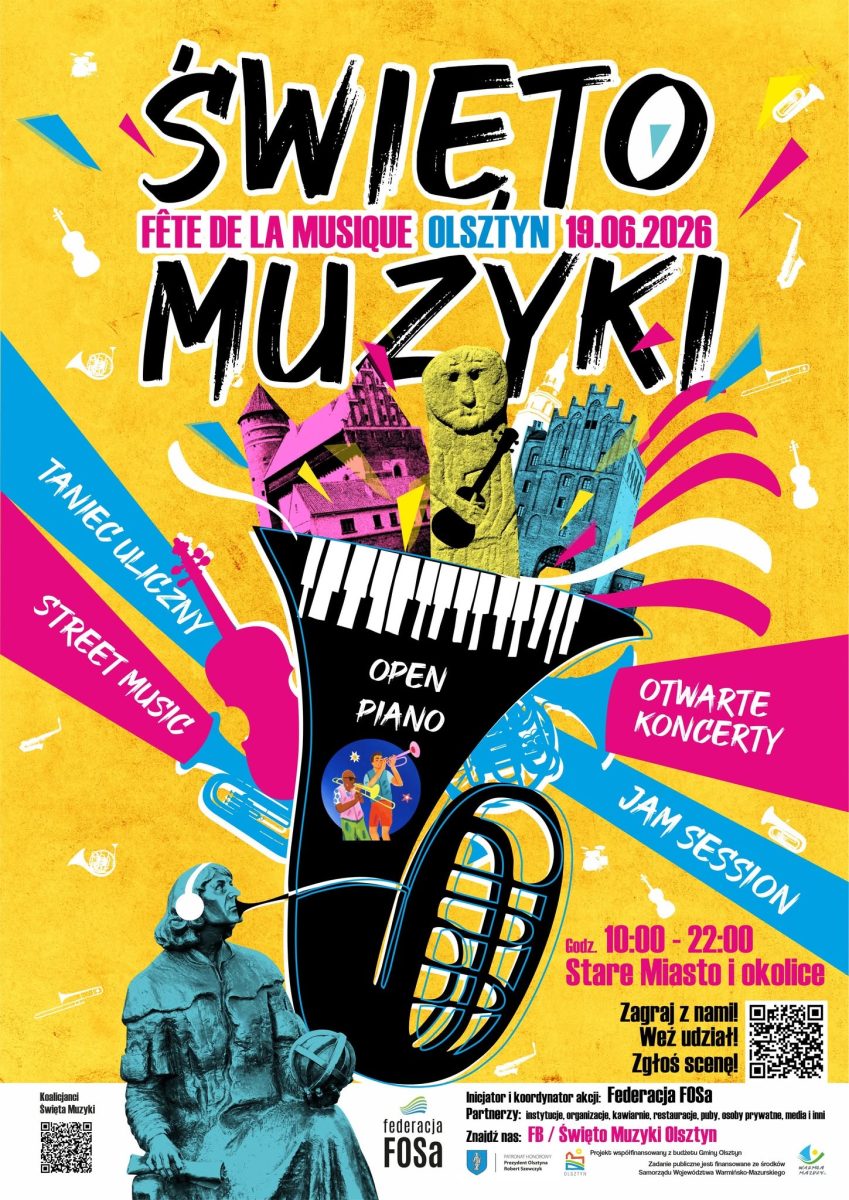 Plakat zapraszający w piątek 19 czerwca 2026 r. do Olsztyna na Święto Muzyki - Fête de la musique Olsztyn 2026.