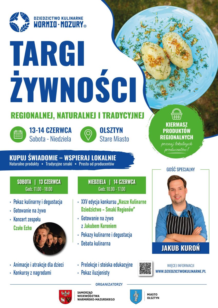 Plakat zapraszający w dniach 13-14 czerwca 2026 r. do Olsztyna na Targi Żywności Regionalnej, Naturalnej i Tradycyjnej Olsztyn 2026. 