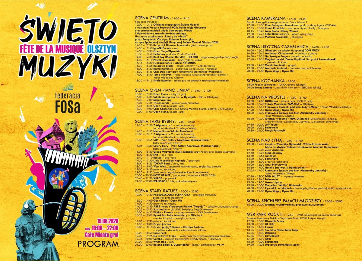 Plakat zapraszający w piątek 19 czerwca 2026 r. do Olsztyna na Święto Muzyki - Fête de la musique Olsztyn 2026.