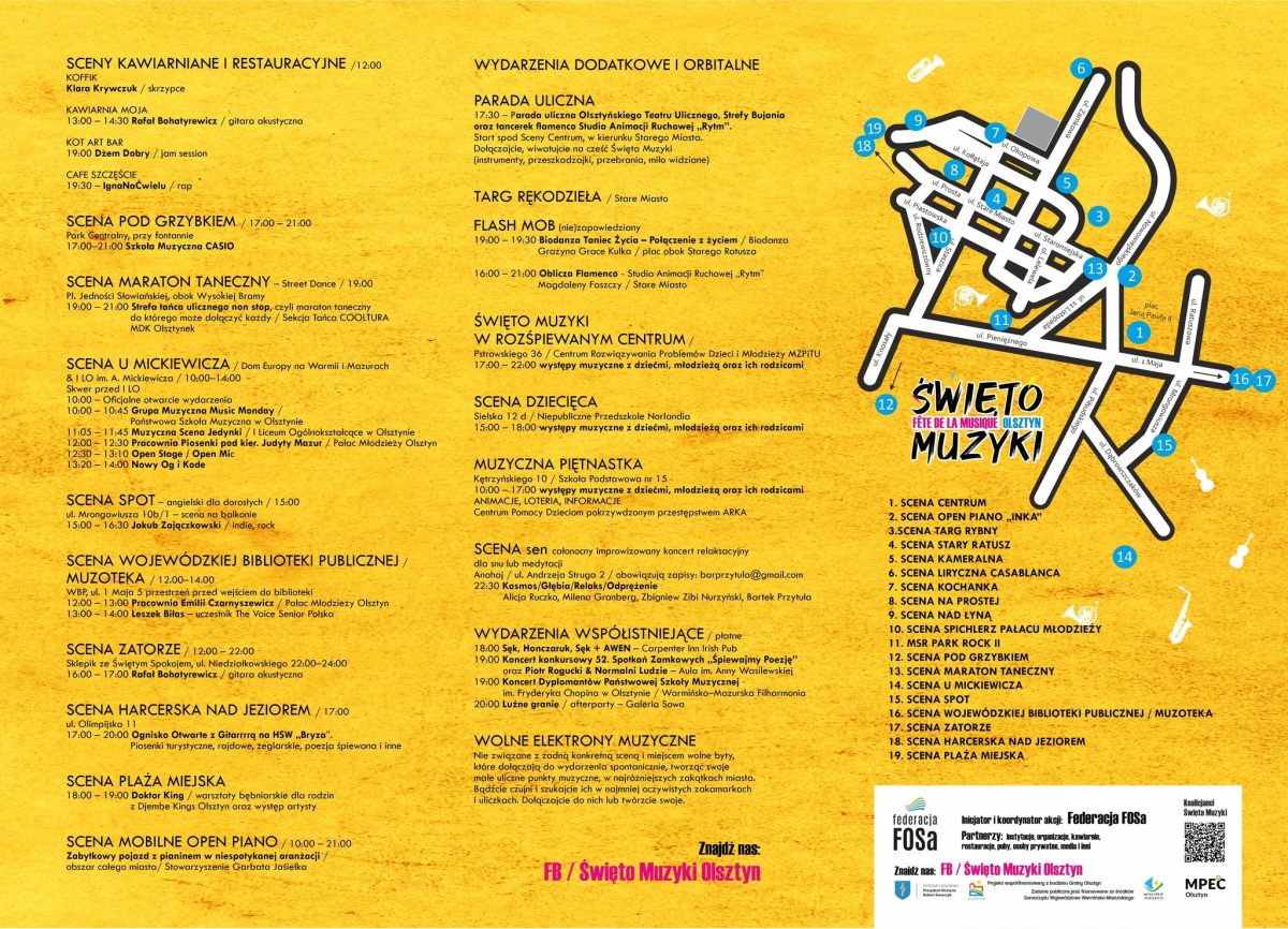 Plakat zapraszający w piątek 19 czerwca 2026 r. do Olsztyna na Święto Muzyki - Fête de la musique Olsztyn 2026.