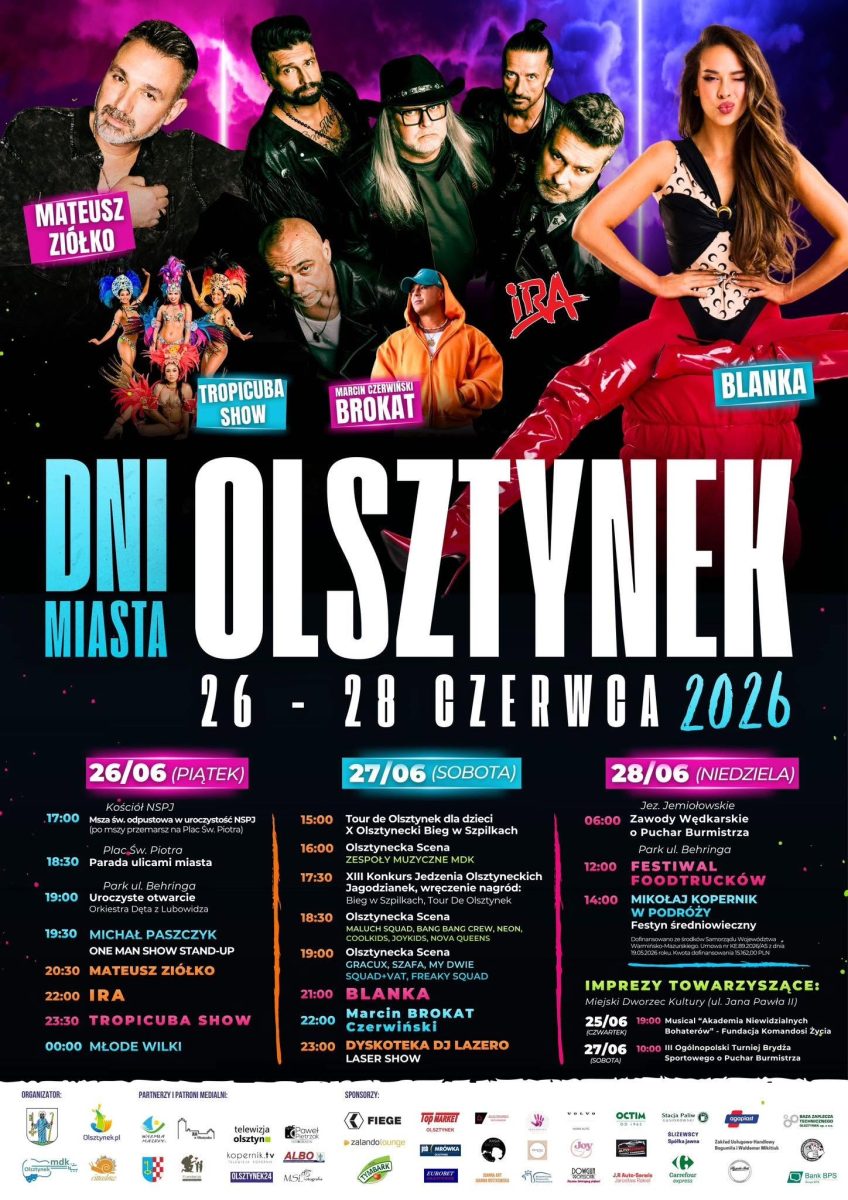 Plakat zapraszający w dniach 26-28 czerwca 2026 r. do Olsztynka na Dni Olsztynka 2026. 