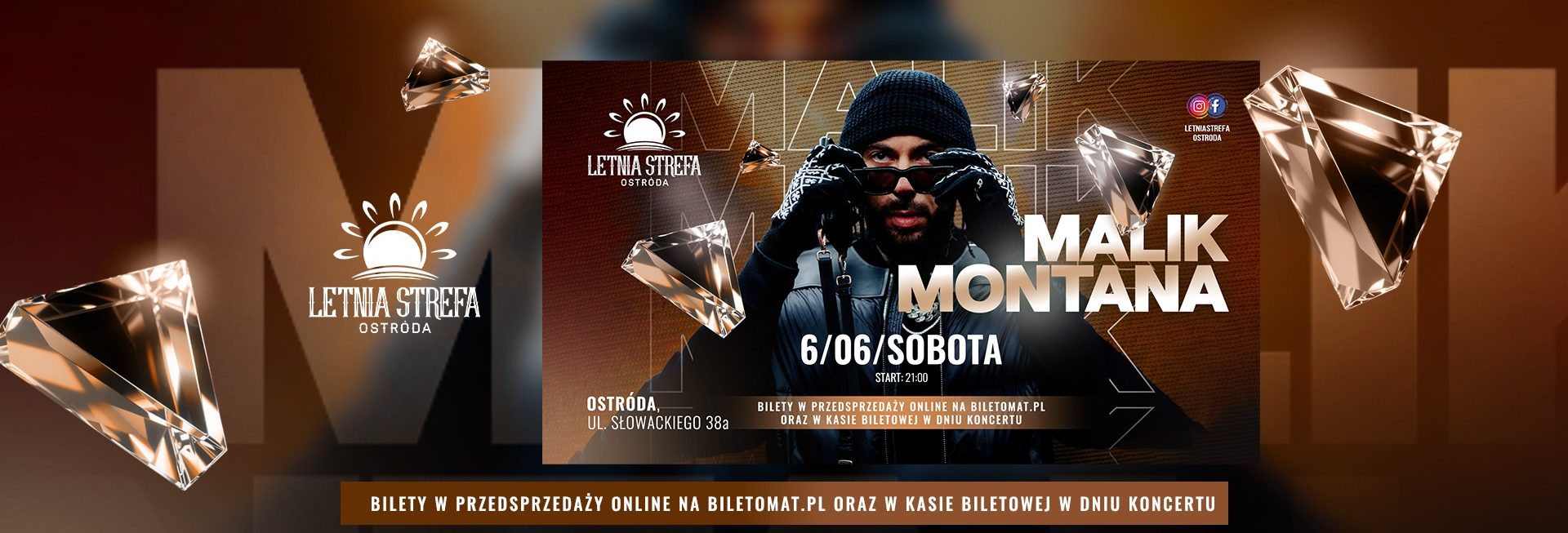 Plakat zapraszający w sobotę 6 czerwca 2026 r. do Ostródy na koncert Malik Montana Ostróda 2026. 