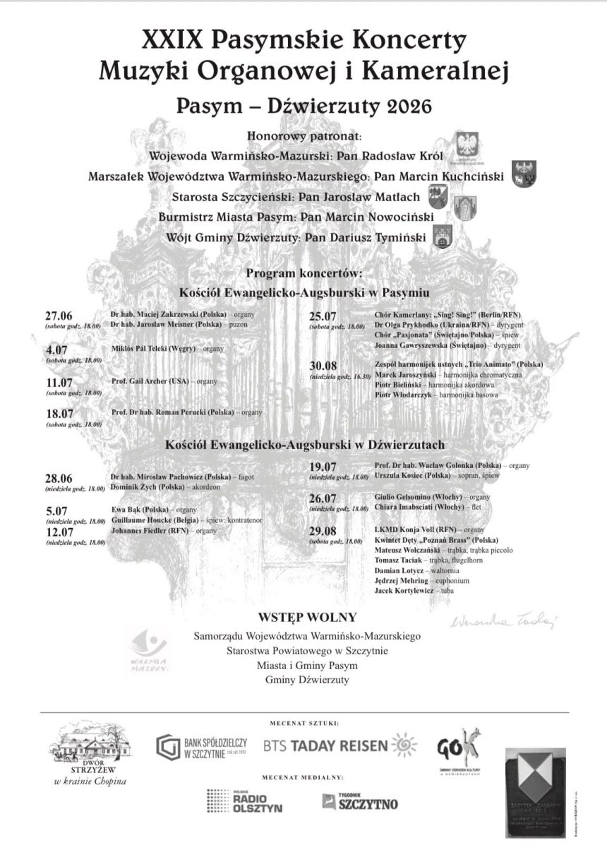 Plakat zapraszający w sobotę 27 czerwca 2026 r. do Pasymia na coroczną imprezę 29. edycję Międzynarodowych Pasymskich Koncertów Muzyki Organowej i Kameralnej Pasym 2026.