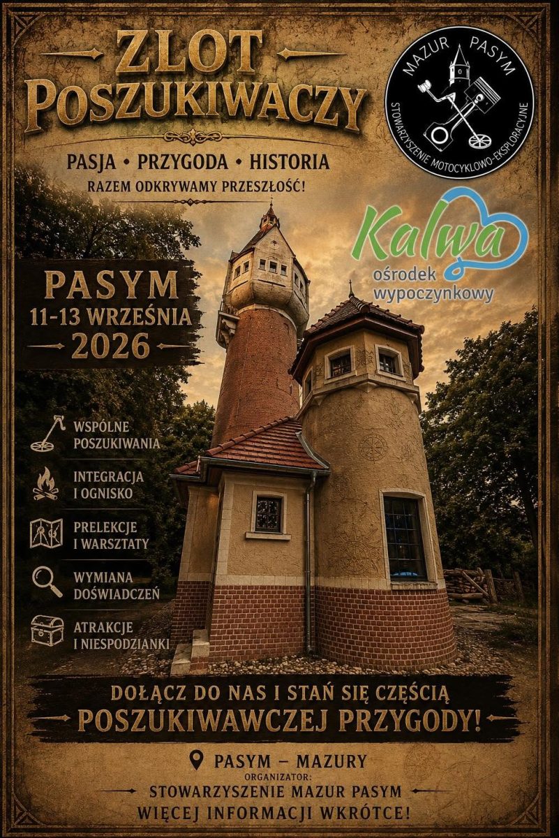 Plakat zapraszający w dniach 11-13 września 2026 r. do Pasymia na Zlot Poszukiwaczy Pasym 2026. 