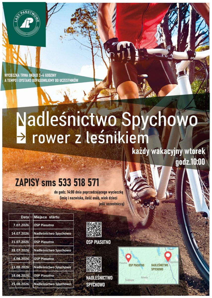 Plakat zapraszający do Piasutna i Spychowa na Wakacyjne Wyprawy Rowerowe z Leśnikiem 2026.