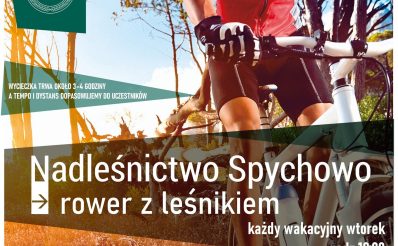 Plakat zapraszający do Piasutna i Spychowa na Wakacyjne Wyprawy Rowerowe z Leśnikiem 2026.