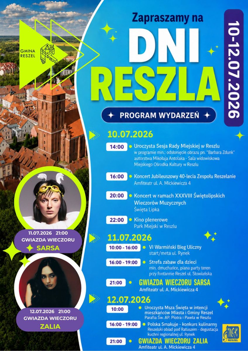 Plakat zapraszający w dniach 10-12 lipca 2026 r. do Reszla na Dni Reszla 2026. 