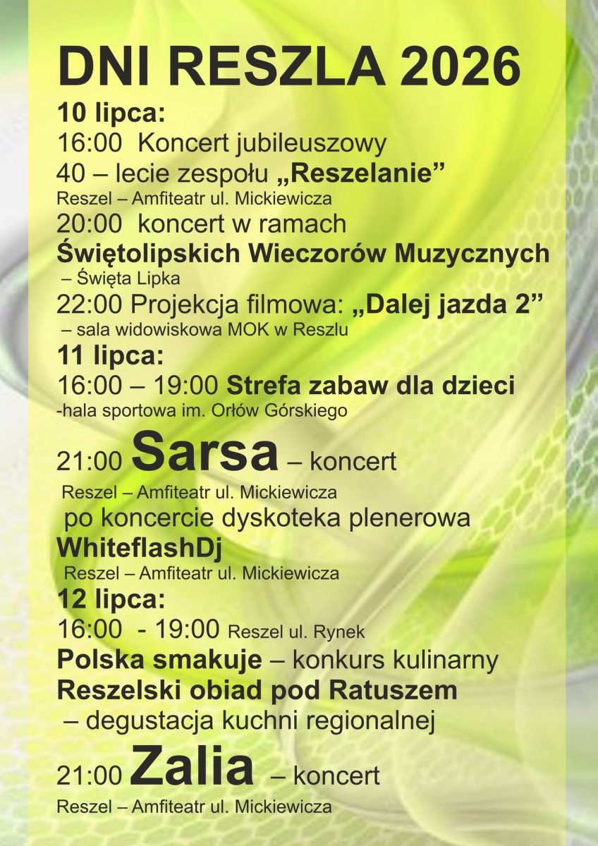 Plakat zapraszający w dniach 10-12 lipca 2026 r. do Reszla na Dni Reszla 2026. 