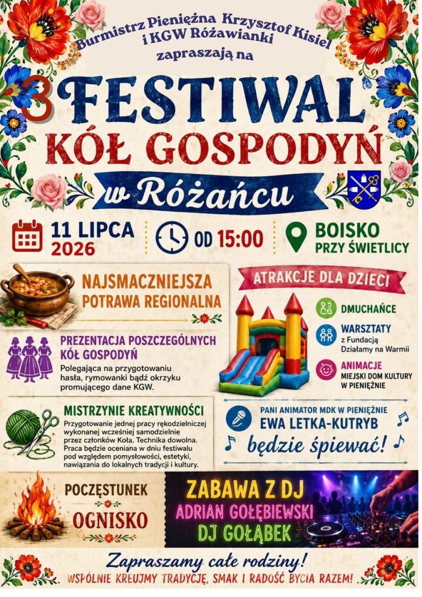 Plakat zapraszający w sobotę 11 lipca 2026 r. do miejscowości Różaniec w gminie Pieniężno na Festiwal Kół Gospodyń Wiejskich Różaniec 2026.