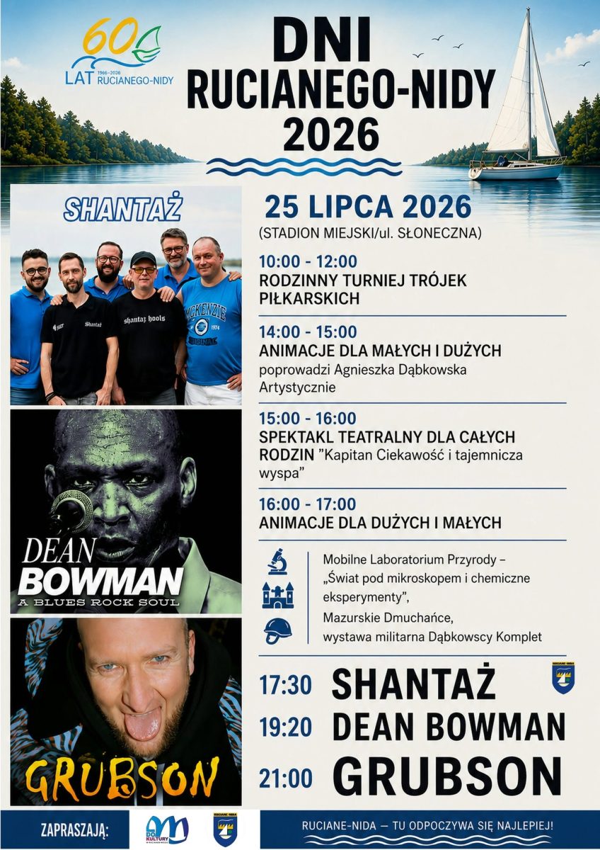 Plakat zapraszający w dniach 25-26 lipca 2026 r. do Rucianego-Nidy na cykliczną imprezę Dni Rucianego-Nidy 2026.