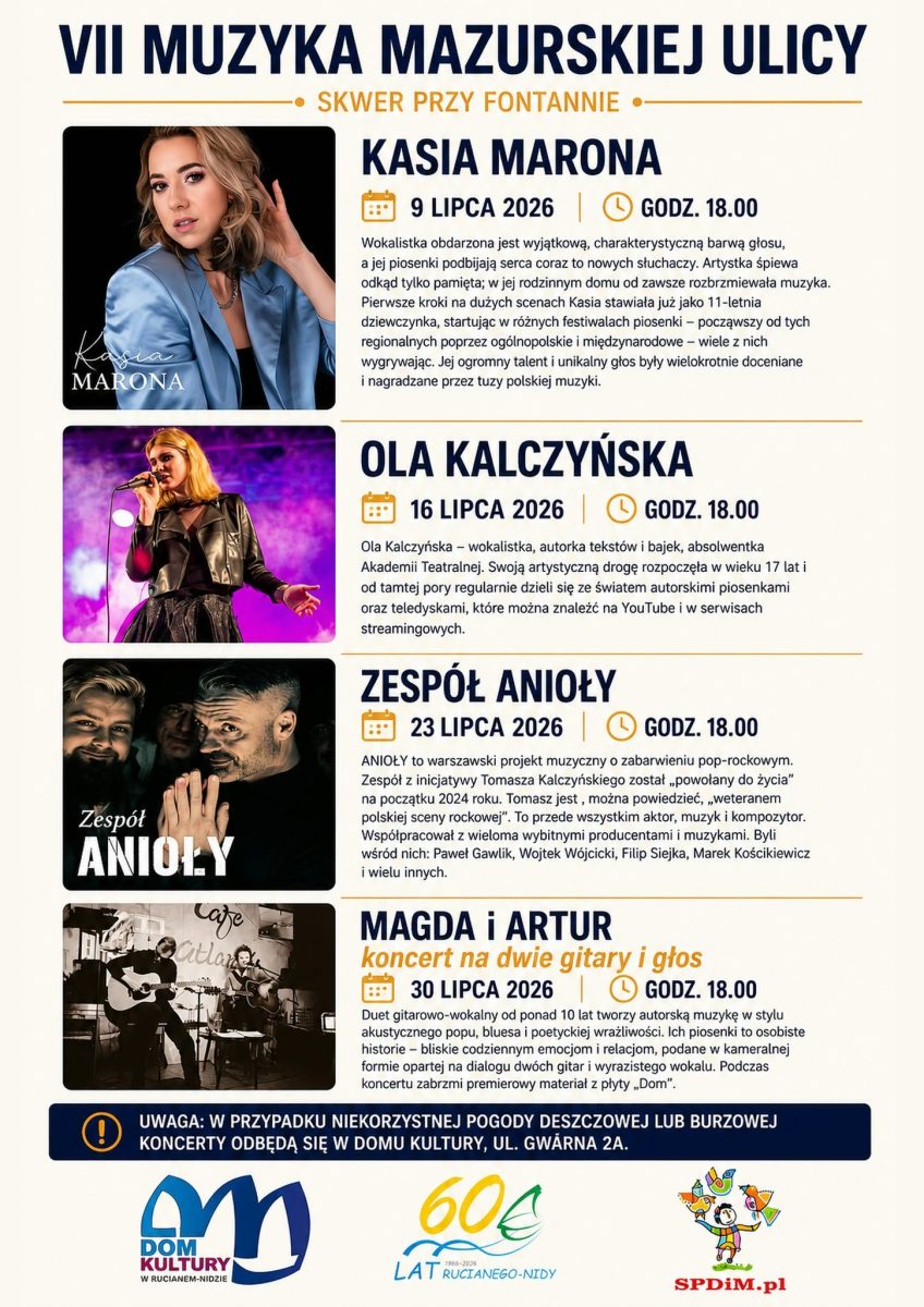 Plakat zapraszający w czwartek 9 lipca 2026 r. do Rucianego-Nidy na 7. edycję Lipca z Muzyką na Mazurskiej Ulicy Ruciane-Nida 2026.