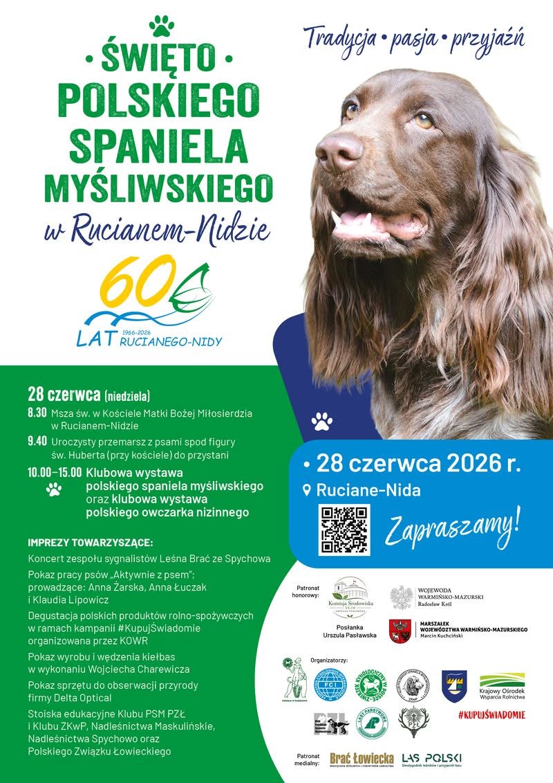 Plakat zapraszający w niedzielę 28 czerwca 2026 r. do Rucianego-Nidy na Święto Polskiego Spaniela Myśliwskiego Ruciane-Nida 2026. 