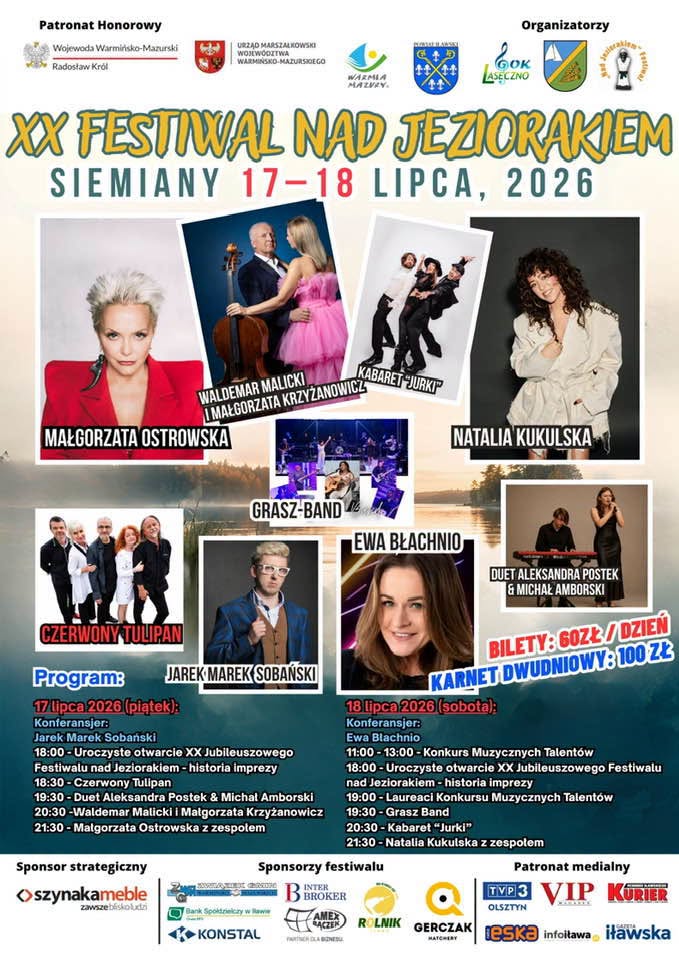 Plakat zapraszający w dniach 17-18 lipca 2026 r. na 20. edycję Festiwalu Nad Jeziorakiem Siemiany 2026.