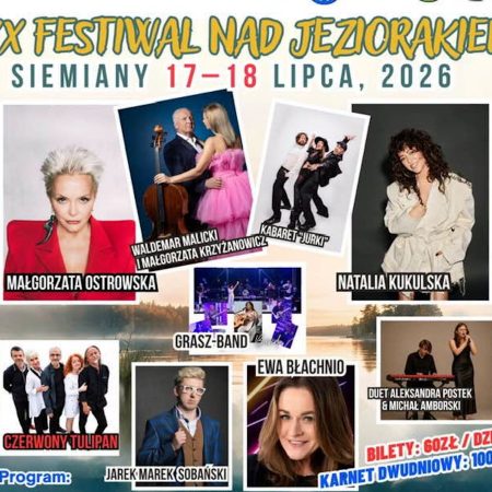 Plakat zapraszający w dniach 17-18 lipca 2026 r. na 20. edycję Festiwalu Nad Jeziorakiem Siemiany 2026.