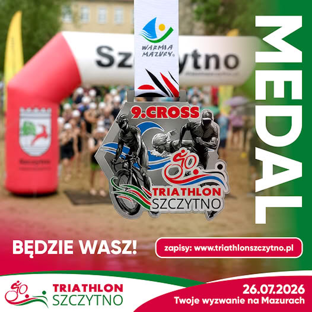 Plakat zapraszający w niedzielę 26 lipca 2026 r. do Szczytna na Cross Triathlon Szczytno 2026. 