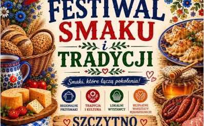 Plakat zapraszający w dniach 26-28 czerwca 2026 r. do Szczytna na Festiwal Smaku i Tradycji Szczytno 2026.  