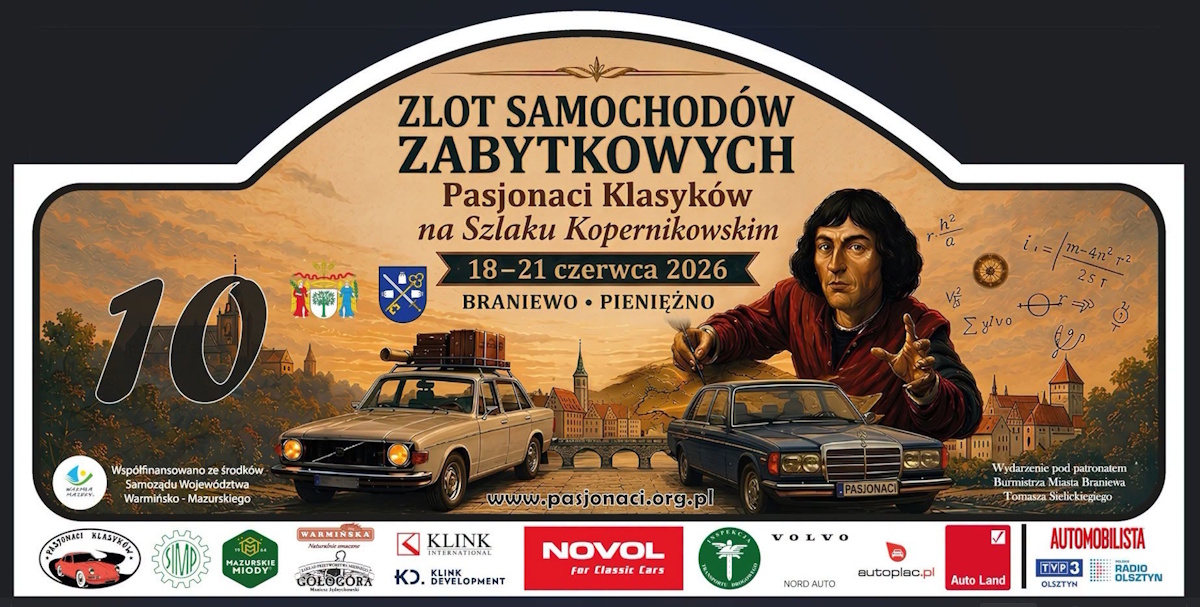 Plakat zapraszający w dniach 18-21 czerwca 2026 r. do Pieniężna i Braniewa na Zlot Samochodów Zabytkowych Braniewo-Pieniężno 2026. 