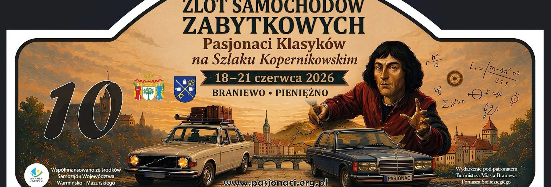 Plakat zapraszający w dniach 18-21 czerwca 2026 r. do Pieniężna i Braniewa na Zlot Samochodów Zabytkowych Braniewo-Pieniężno 2026. 