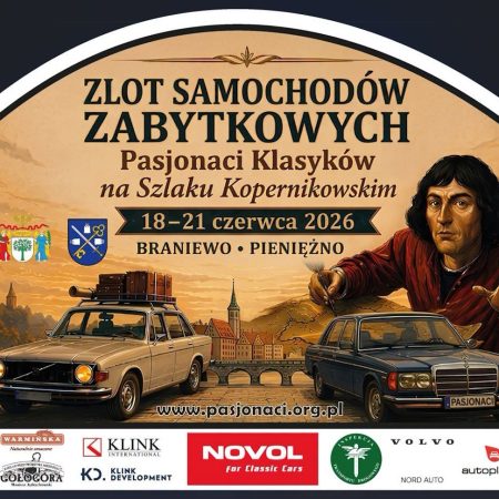 Plakat zapraszający w dniach 18-21 czerwca 2026 r. do Pieniężna i Braniewa na Zlot Samochodów Zabytkowych Braniewo-Pieniężno 2026. 