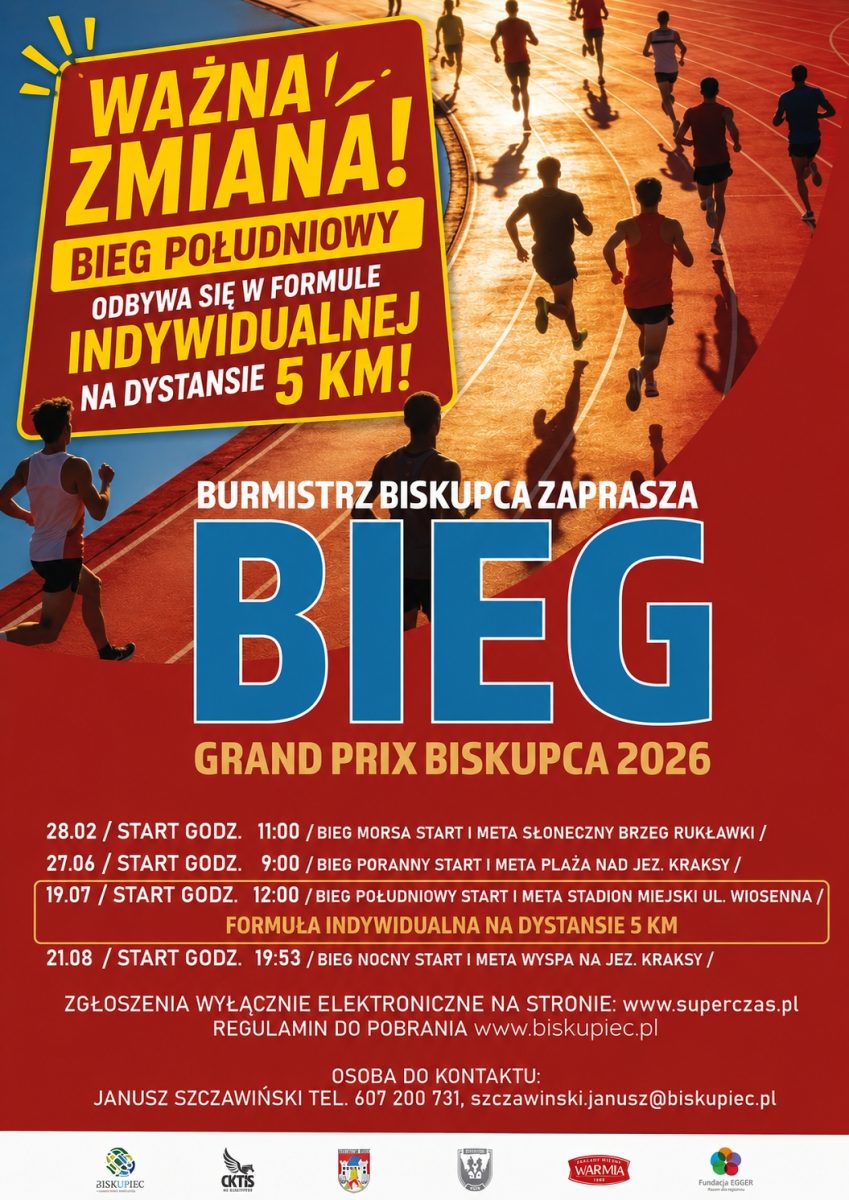 Plakat zapraszający w niedzielę 19 lipca 2026 r. do Biskupca na cykliczną imprezę biegową Grand Prix Biskupca 2026 – Bieg Południowy Biskupiec 2026.