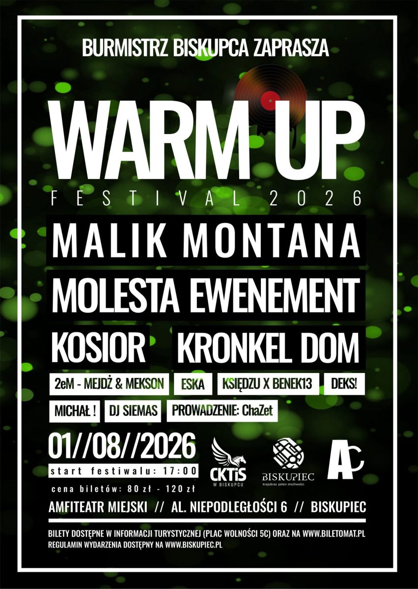 Plakat zapraszający w sobotę 1 sierpnia 2026 r. do Biskupca na kolejną edycję imprezy Warm Up Festival Biskupiec 2026.