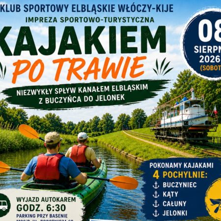 Plakat zapraszający w sobotę 8 sierpnia 2026 r. do Buczyńca na spływ kajakowy Kanałem Elbląskim "Kajakiem po Trawie" Buczyniec-Jelonki 2026. 