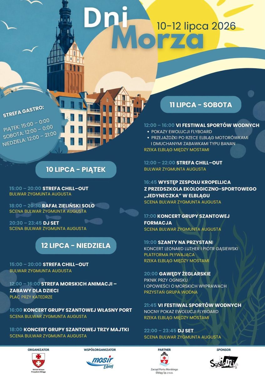 Plakat zapraszający w dniach 10-12 lipca 2026 r. do Elbląga na Dni Morza Elbląg 2026. 
