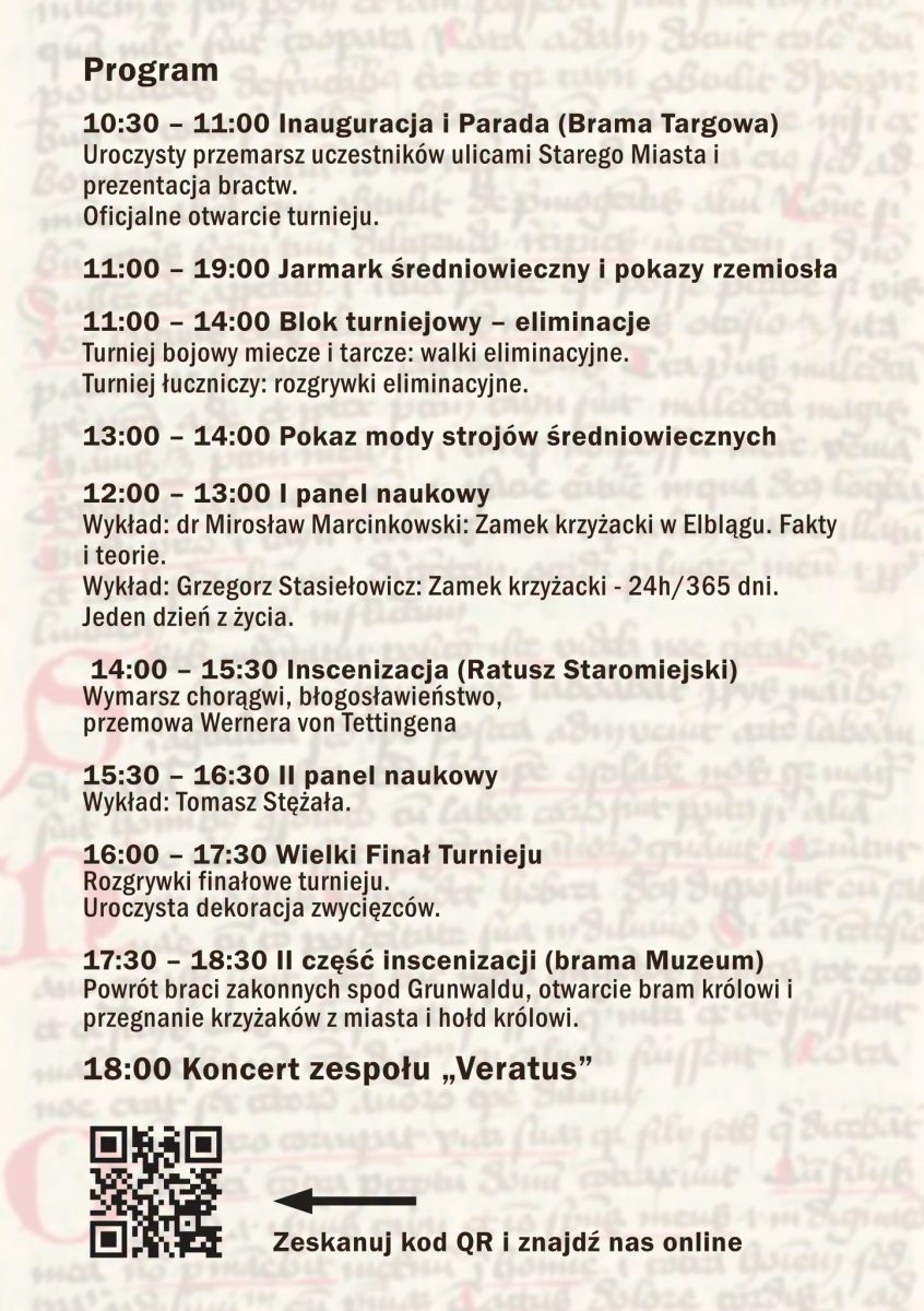 Plakat zapraszający w sobotę 11 lipca 2026 r. do Elbląga na Turniej Rycerski i Łuczniczy w Średniowiecznym Elblągu 2026.