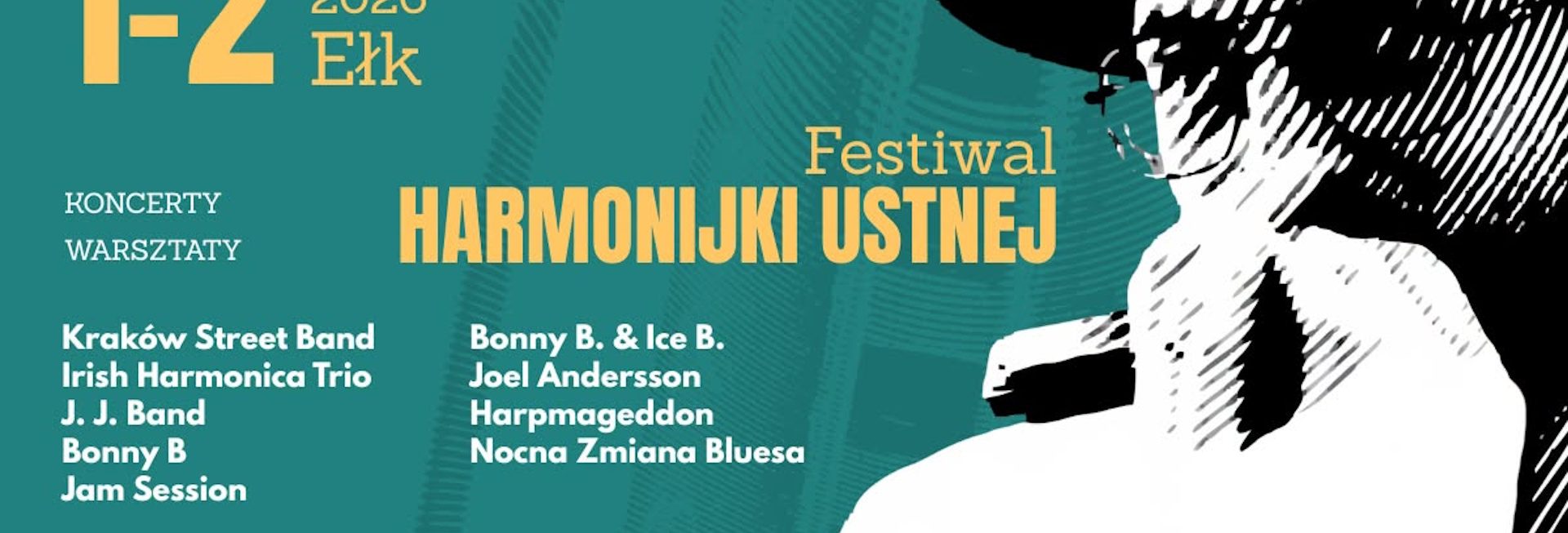 Plakat zapraszający w dniach 1-2 sierpnia 2026 r. do Ełku na Festiwal Harmonijki Ustnej Ełk 2026. 