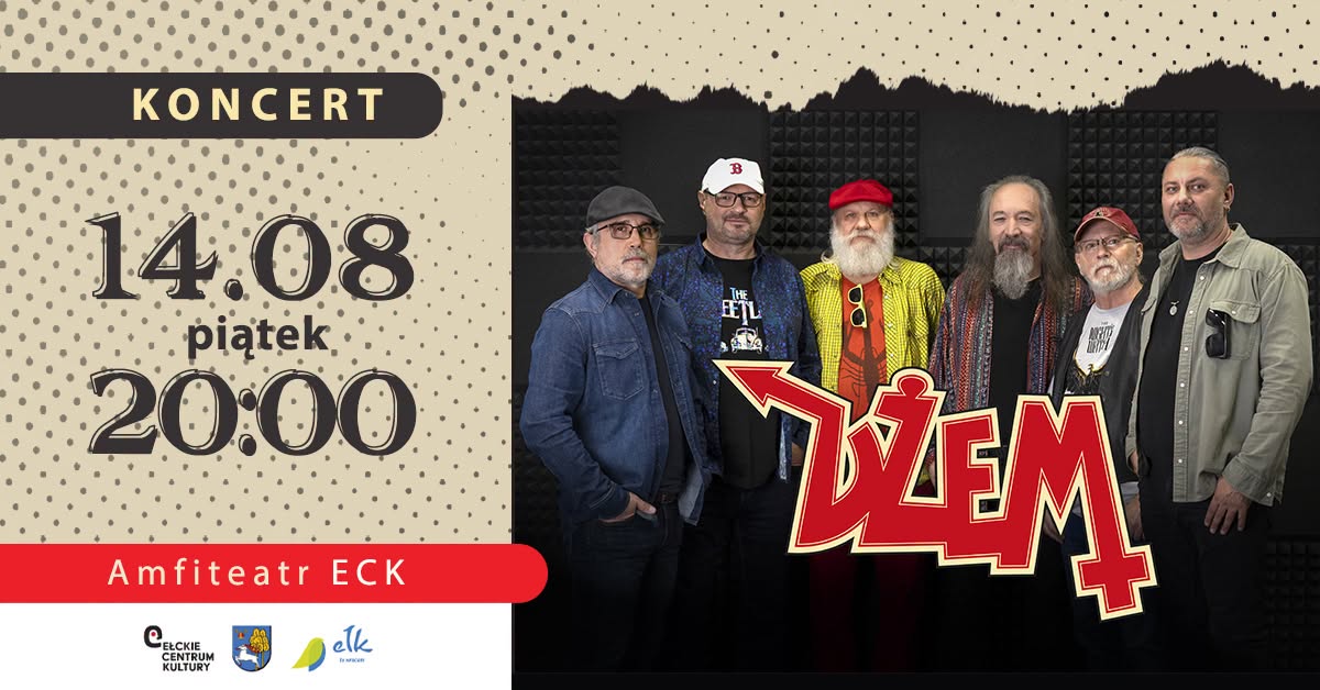 Plakat zapraszający w piątek 14 sierpnia 2026 r. do Ełku na koncert zespołu Dżem Ełk 2026. 