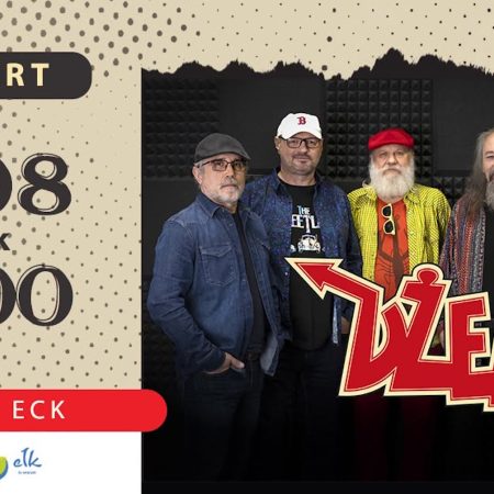 Plakat zapraszający w piątek 14 sierpnia 2026 r. do Ełku na koncert zespołu Dżem Ełk 2026. 