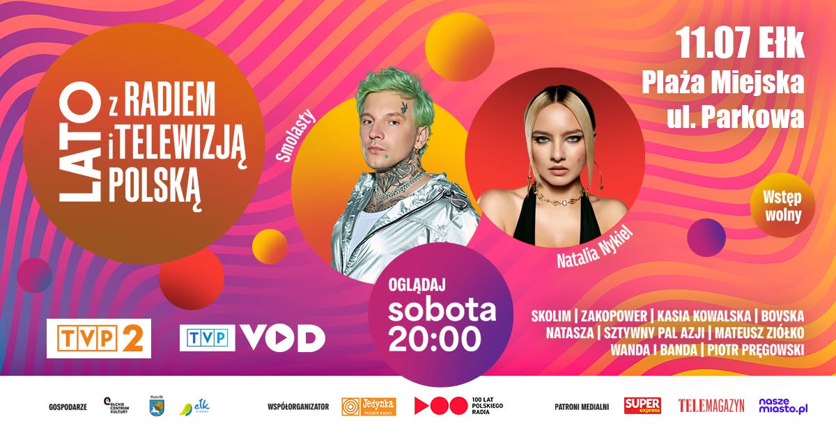 Plakat zapraszający w sobotę 11 lipca 2026 r. do Ełku na Lato z Radiem i Telewizją Polską Ełk 2026. 