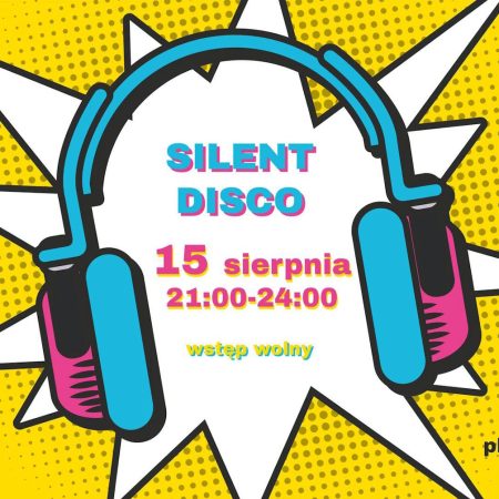 Plakat zapraszający w sobotę 15 sierpnia 2026 r. do Ełku na imprezę Silent Disco Ełk 2026. 