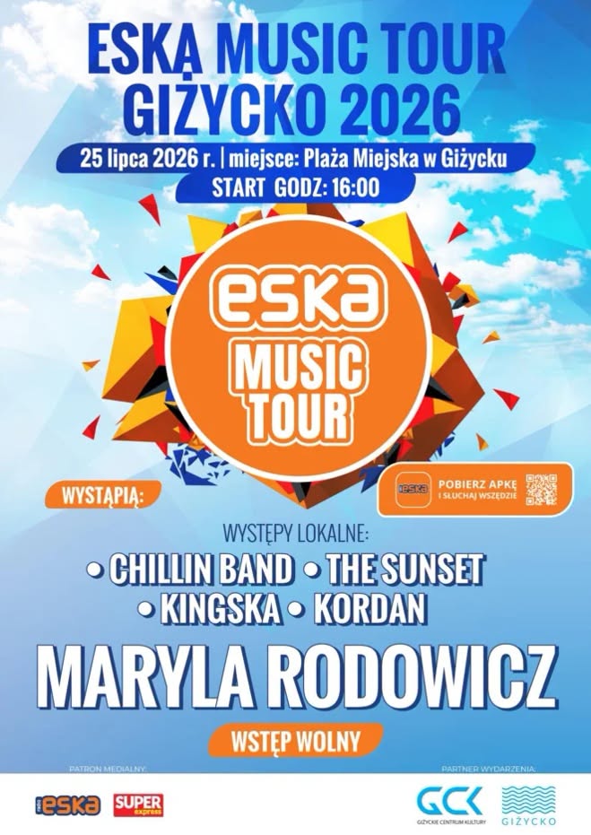 Plakat zapraszający w sobotę 25 lipca 2026 r. do Giżycka na Eska Music Tour Giżycko 2026. 